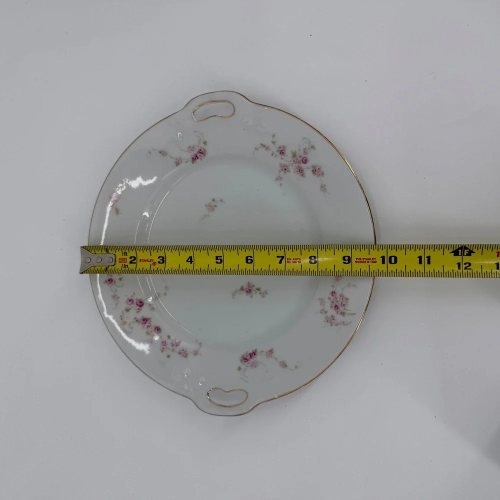 Thomas Bavaria Vintage Porcelain Cake Plate Pink Roses Gold Trim Handled 10in